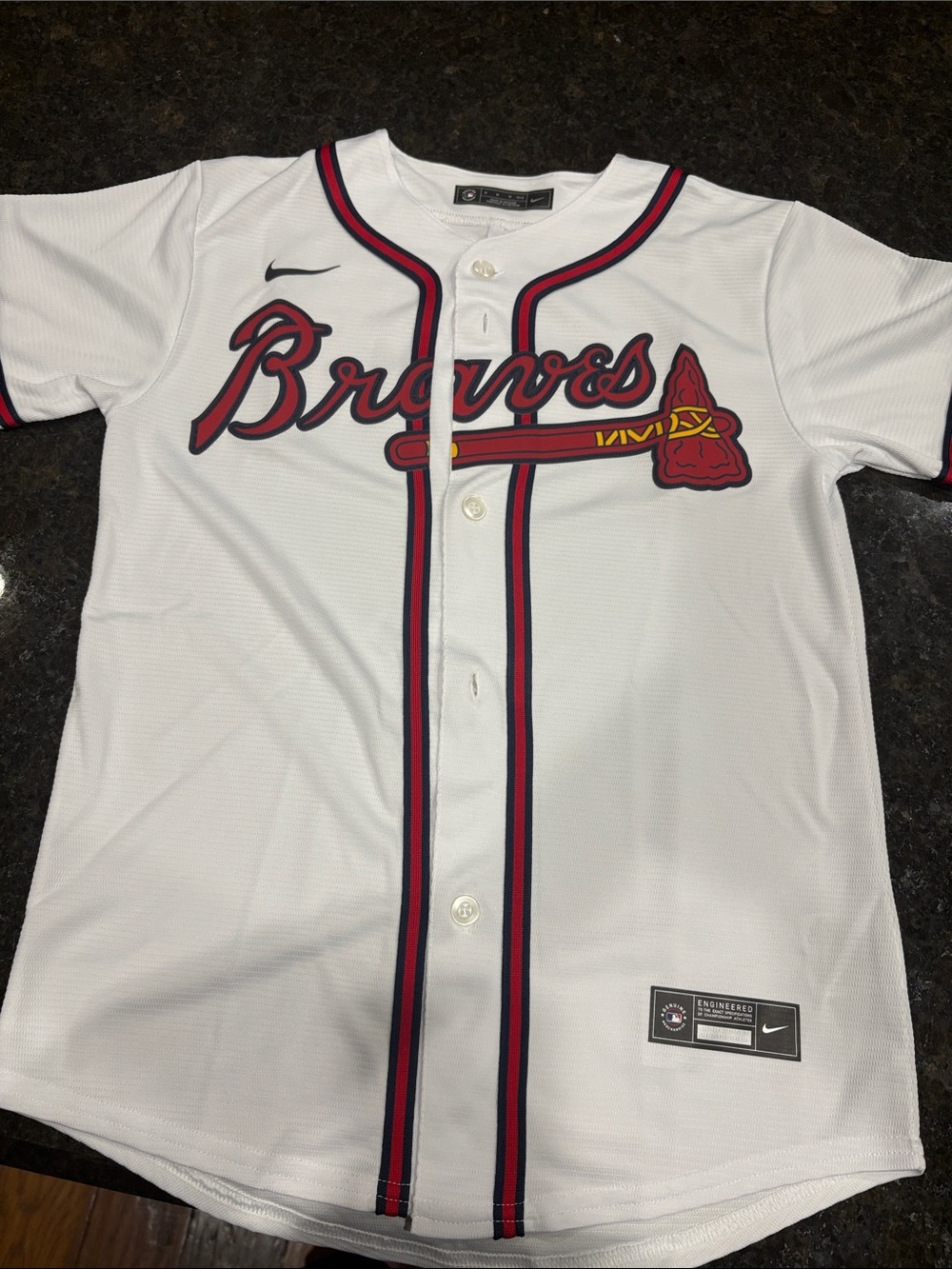 Nike White Atlanta Braves Button-Up Jersey with Red & Navy Trim